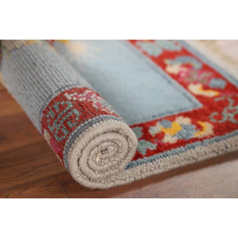 Hand Knotted Oriental 100% Wool Carpet Traditional Bordered Navy Blue & Blues Art Deco Area Rug - 3' 0'' X 2' 0''