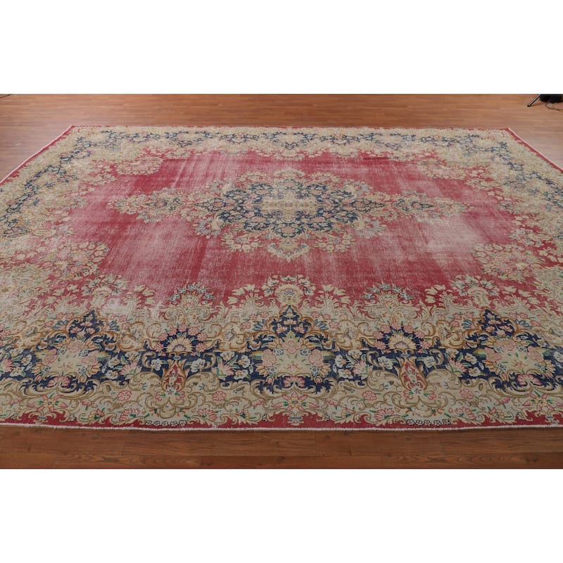 Distressed Pink Kerman Persian Antique Area Rug Handmade Wool Carpet - 9'9" x 13'3"