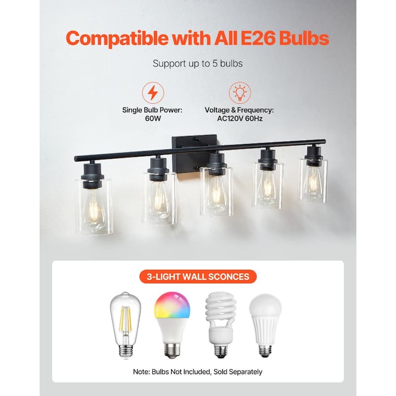 5-Light Wall Mounted Bathroom Vanity Light Fixture with E26 Base Glass Shades and Black Finish
