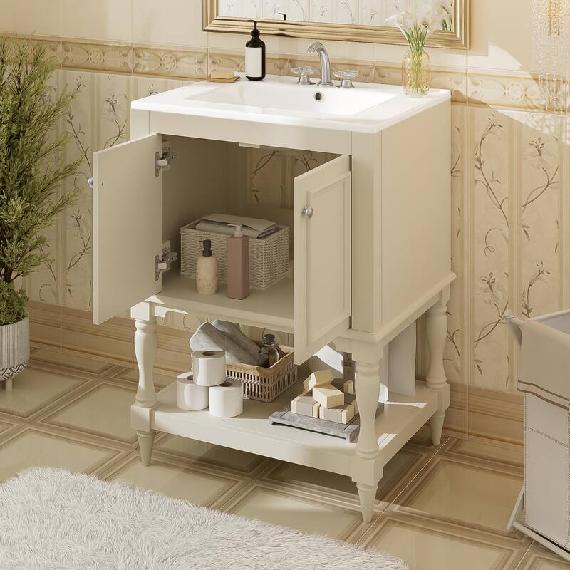 24" Modern Luxury Bathroom Vanity with Ceramic Sink, Compact Cabinet with Open Shelf & Closed Storage