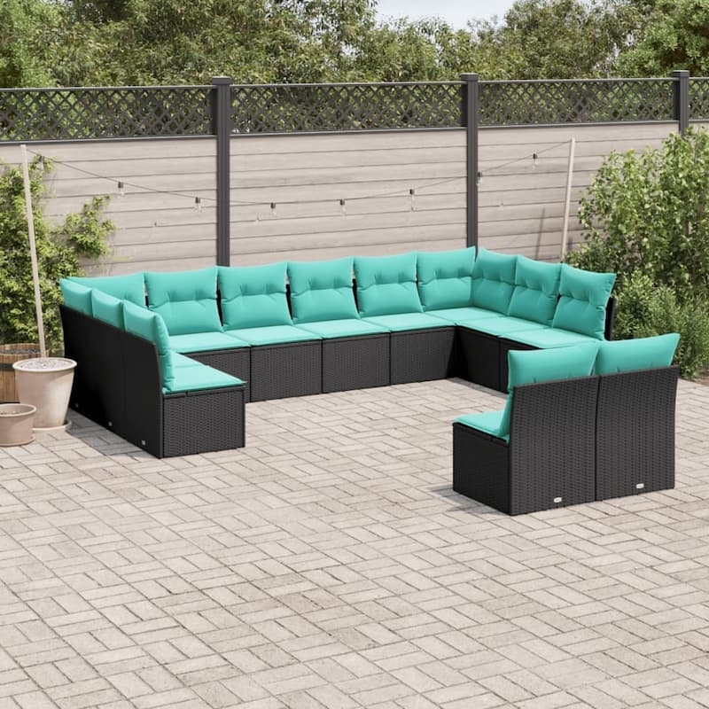 vidaXL 12 Piece Patio Sofa Set with Cushions Black Poly Rattan - Black - 24.4x27.2x24.4-Without table
