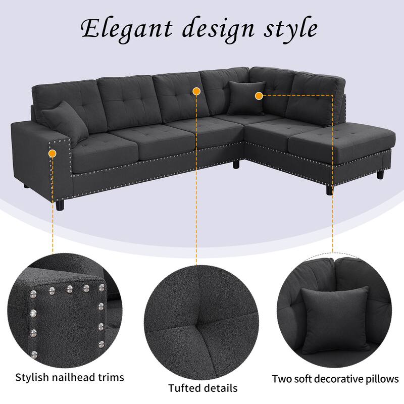 109.2" Polyester L-Shaped Sectional Sofa with Removable Cushions and 2 Pillows