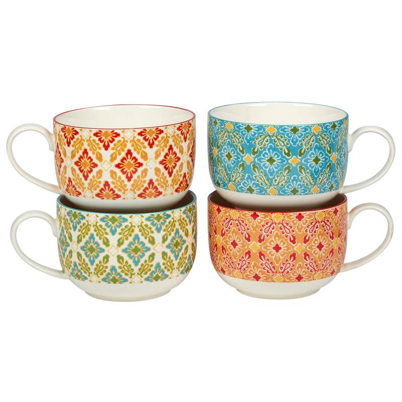 Certified International Damask Floral Assorted Designs 28 oz. Jumbo Cups, Set of 4