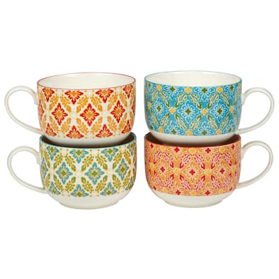 Certified International Damask Floral Assorted Designs 28 oz. Jumbo Cups, Set of 4