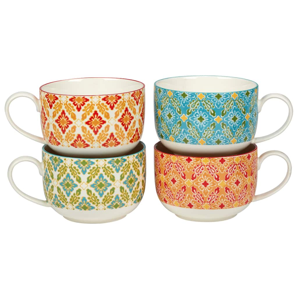 Certified International Damask Floral Assorted Designs 28 oz. Jumbo Cups, Set of 4