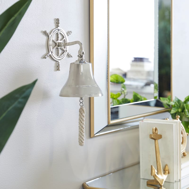 Brass Metal Indoor Outdoor Bell Wall Decor with Ship wheel Backing - Silver or Gold - Silver