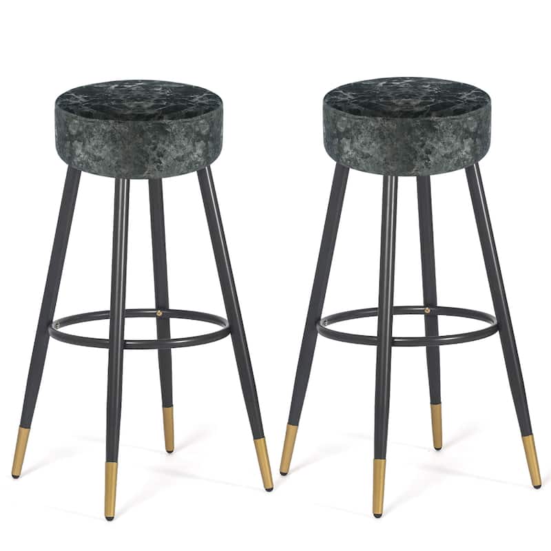 Adeco Modern Velvet Bar Stools Set of 2 Round Breakfast Footrest - 20.5"D x 20.5"W x 29.5"H. - Grey