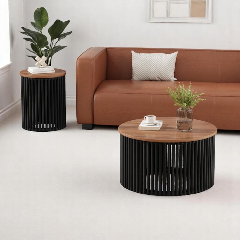 2-Piece Acacia Wood Coffee Table and Side Table Set, Round Tables with Solid Wood Base,End tables,Rustic Living Room Furniture