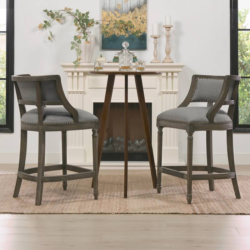 Paris Farmhouse Counter and Bar Stool with Backrest - Set of 2 - Heathered Grey Linen - Counter Height