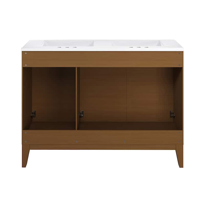 Cascade 48 In. Brown Oak, Double Basin Bathroom Vanity With White, 3-Hole Ceramic Sink Top