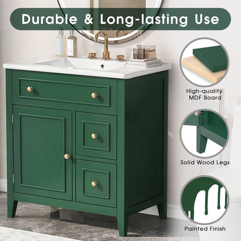 30" Bathroom Vanity with Sink Top, Bathroom Vanity Cabinet with Door and Two Drawers, Solid Wood Frame, One Package