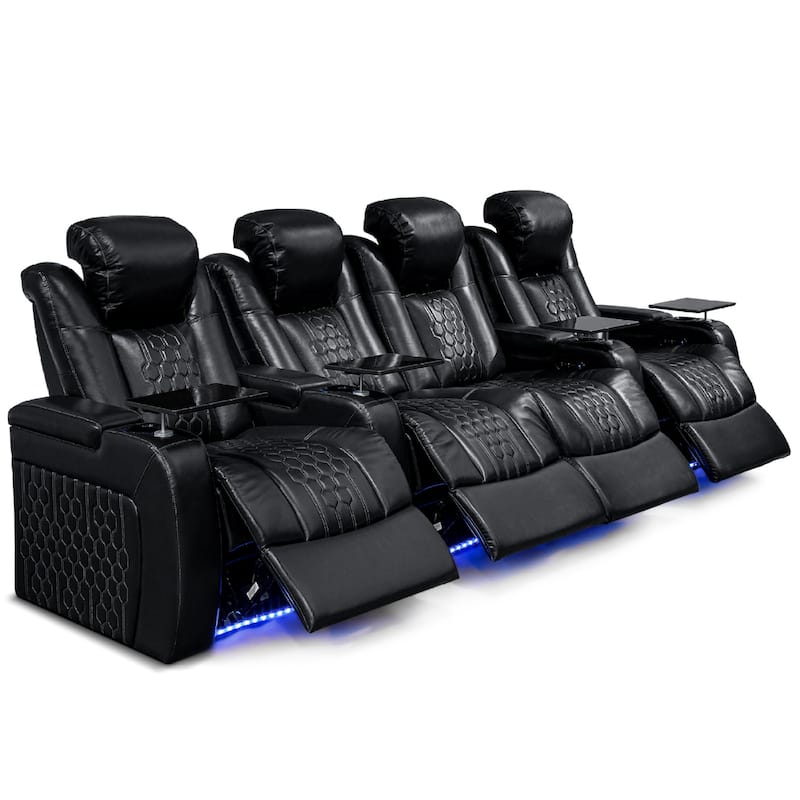 Roomfitters 124.4" Power Recliner 4-Piece Set, Top-Grain Nappa Leather, 19-Color RGB LED & USB-C Charging, Black