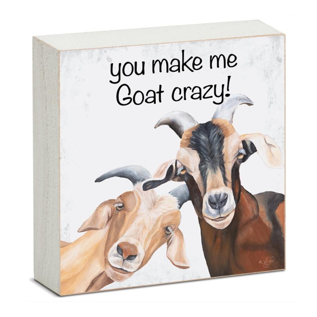 Goat Crazy Artistic Freestanding Solid Wood Block Sign Made in the USA 3.75” Square Decorative Accent for Home or Office - Multi