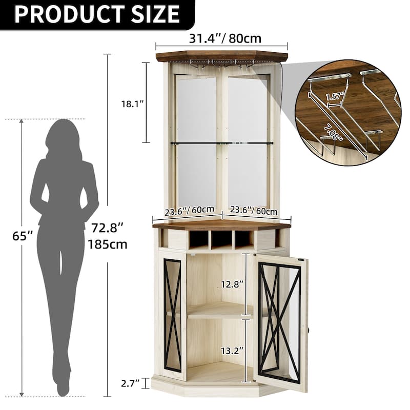 Moasis 72" Corner LED Bar Cabinet with Glass Holder, Wine Rack with Adjustable Shelves