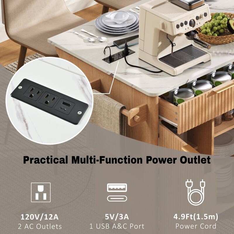 52" Fluted Kitchen Island with Drop Leaf, Power Outlet, Adjustable Shelves, 2 Doorsm & 2 Drawers