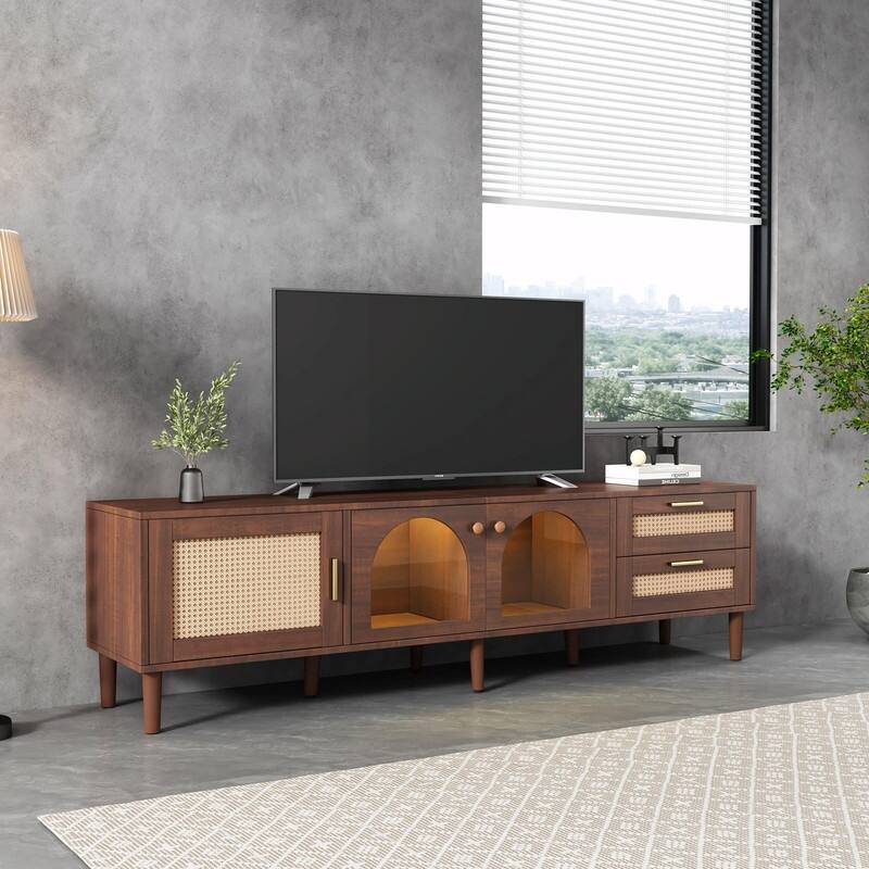 70" TV Stand for TVs up to 90", Entertainment Center with App-Controlled LED Lights, 2 Drawers & Glass Door Storage