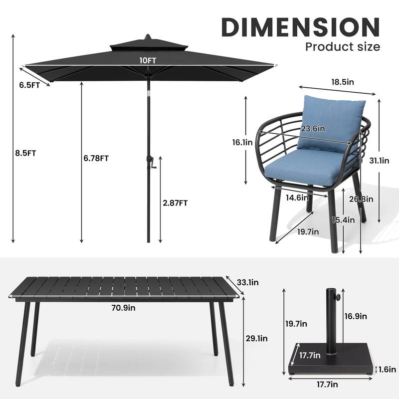 9/11-PieceOutdoor Patio Dining Set with Sunbrella Cushions Aluminum Dining Table and Chairs w/10 ft Umbrella and Base