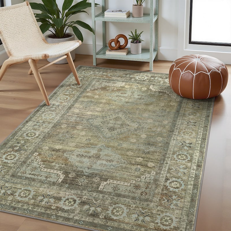 Mcow Sage Green Boho Pattern Ultra-Thin Low-Pile Washable Non-Slip Area Rug - 6' x 9' - Sage Green - Rectangle