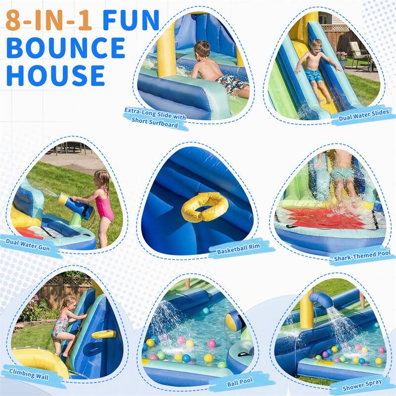 Oxford Cloth Shark Theme Dual Slide Inflatable Water Bounce Castle In Blue With Climbing Wall - N/A