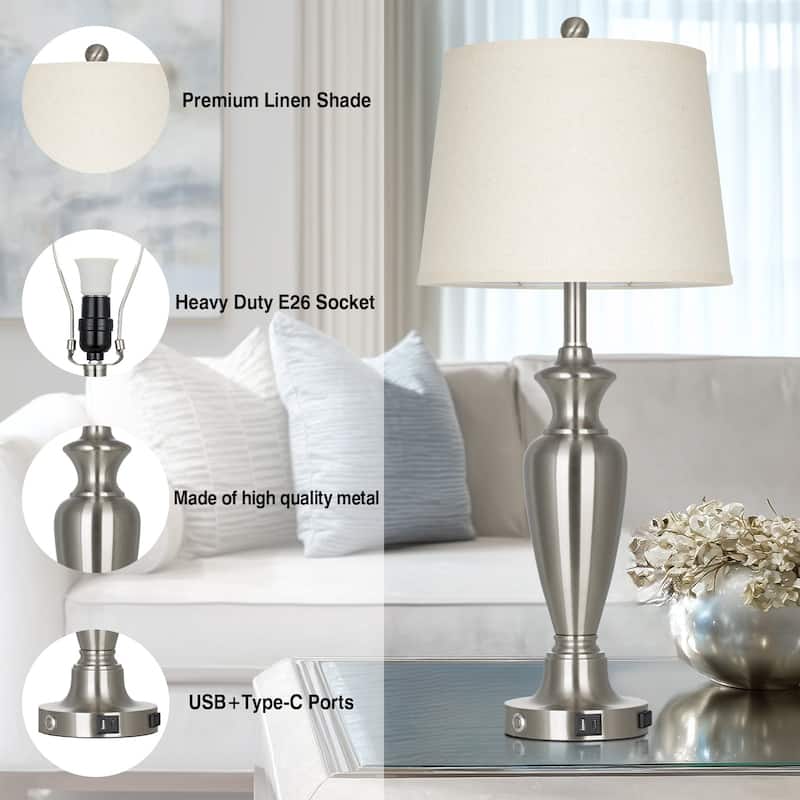 Set of 2 Modern 27.5-Inch Table Lamps with USB & Type-C Ports and 3-Level Touch Control - 13'' x 13'' x 30''