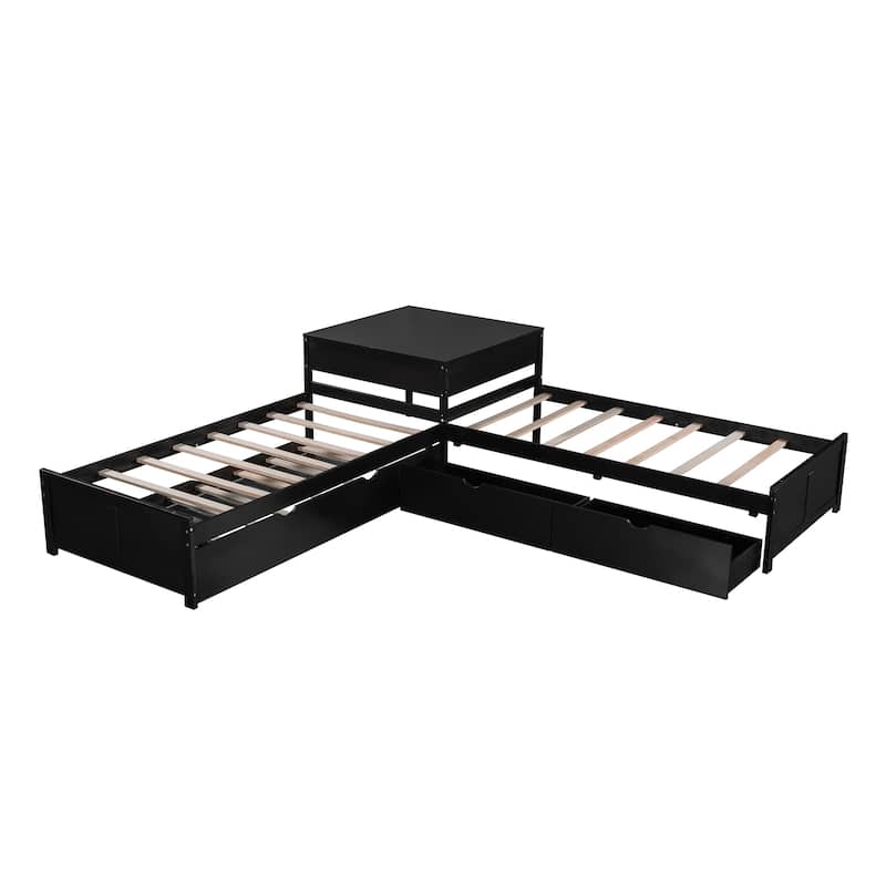 L-Shaped Platform Bed With Trundle And Drawers Linked With Built-In Desk,Twin