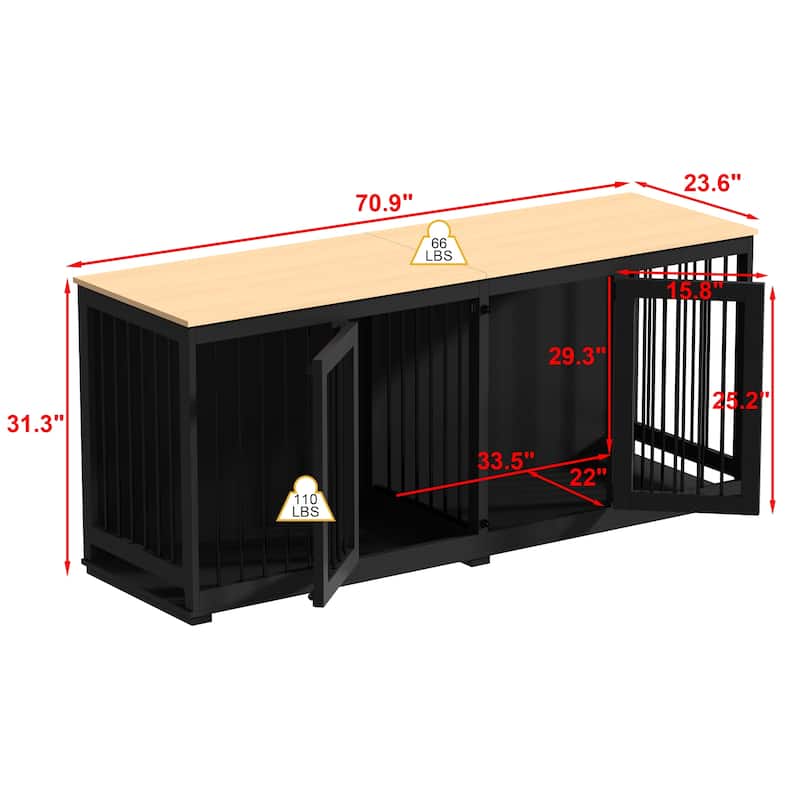 Large Dog Crate Furniture, 70.9"L Wooden Dog Crate Kennel with Divider