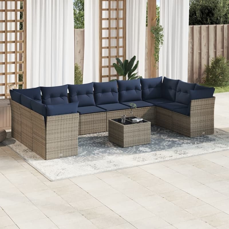 vidaXL 10/11 Piece Patio Sofa Set with Cushions Brown/Gray Poly Rattan - 21.7 x 24.4 x 27.2 - Beige and gray With table