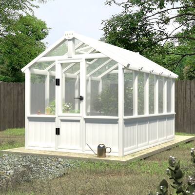VEIKOUS Cedar Wood Frame Greenhouse with Polycarbonate Panels, Outdoor Walk-in Greenhouse with Adjustable Ventilation, White