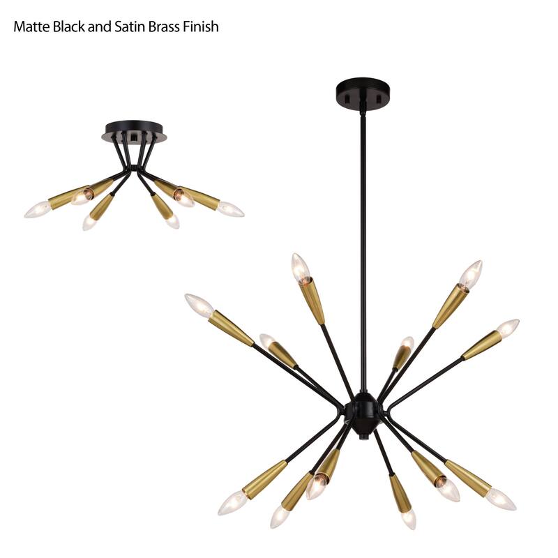 Ellis 12L Black and Brass Sputnik Mid-Century Modern Pendant Light - 25.25-in W x 23.75-in H x 25.25-in D