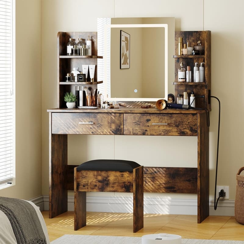 Makeup Vanity Set with Mirror, Stool， Charging Station， 2 Drawers, 6 Shelves - Brown