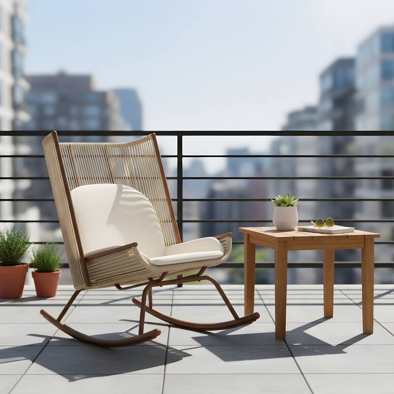 Christopher Knight Home - Outdoor Rocking Chair with PE Rattan and Wooden Side Table Set - Natural