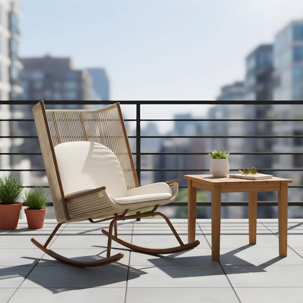 Christopher Knight Home - Outdoor Rocking Chair with PE Rattan and Wooden Side Table Set