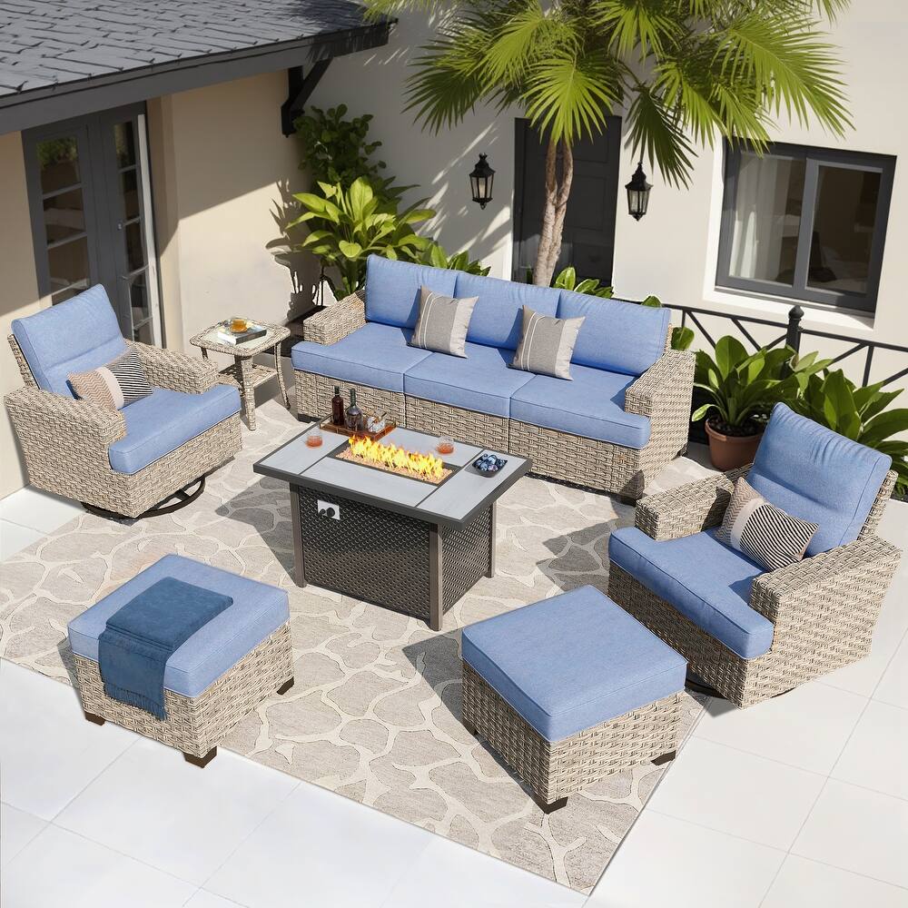 HOOOWOOO 9-piece Wicker Patio Furniture Swivel Rocking Chair Set with Fire Pit
