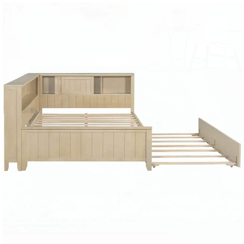 Full Size Wood Daybed with Storage Shelves and Trundle,
