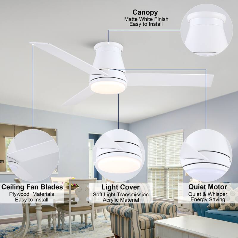YUHAO AeroLite 48 in. Indoor White Low Profile Standard Ceiling Fan with Bright White Integrated LED Light Kit, Remote Included