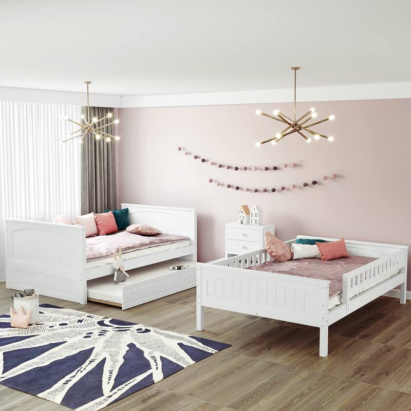 Full Over Full Bunk Bed with Twin Size Trundle, Pine Wood Bunk Bed Frame, Space-Saving Design with Guardrails