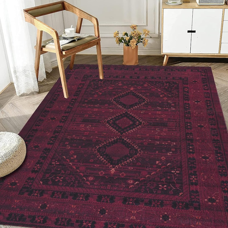 Machine Washable Area Rug-Olympus Turkoman Oriental Bokhara Burgundy