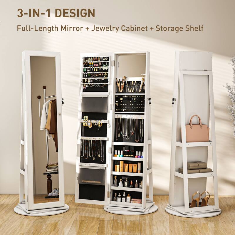 HOMCOM 360° Swivel Jewelry Cabinet, Lockable Jewelry Armoire Organizer with Full-Length Mirror for Bedroom Living Room