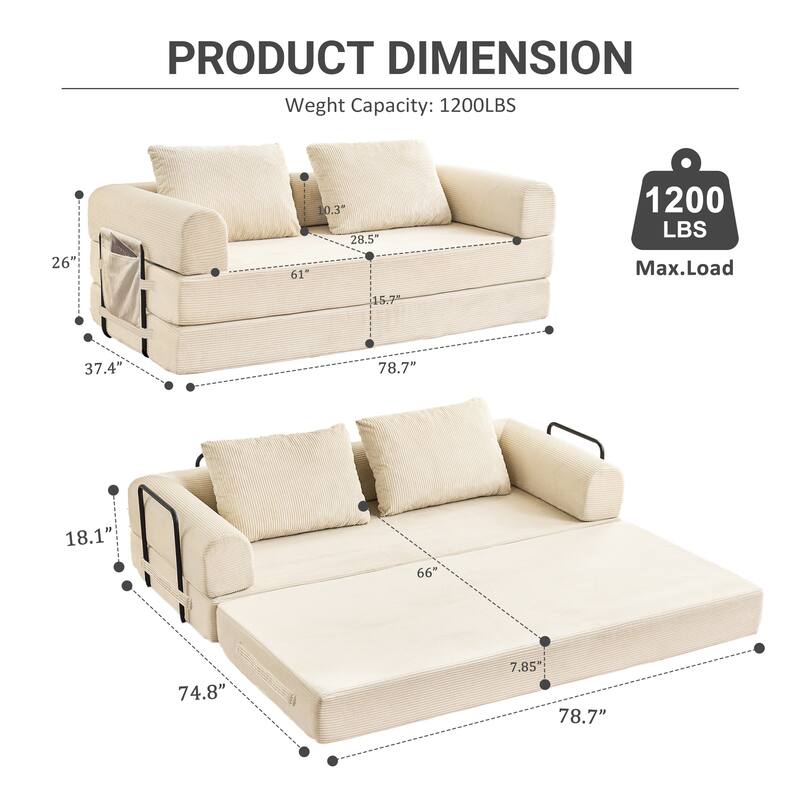 Folding Sofa Sleeper with Armrests, Sofa Bed Convertible Sofa Bed Floor Sofa Bed with Foldable Armrests