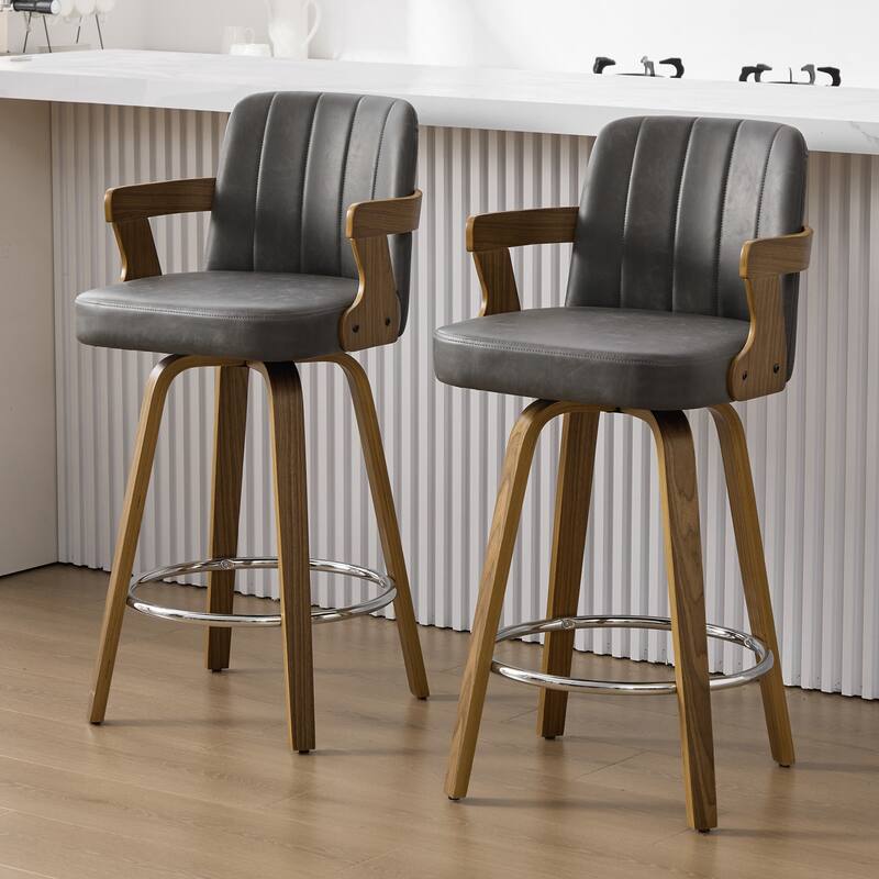 Upholstered Swivel Barstool with Arms and Bentwood Legs - 40.8"H x 18.9"W x 19.5"D/19.3"D