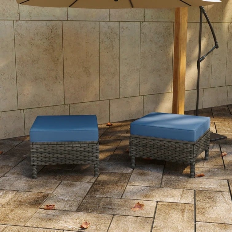 22"W Wicker Ottoman Patio Ottoman with Seat Cushion Set of 2 - Navy Blue