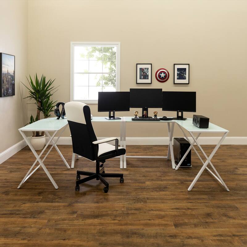 Middlebrook Designs X-Frame Gaming Command Center Desks - White / White Glass