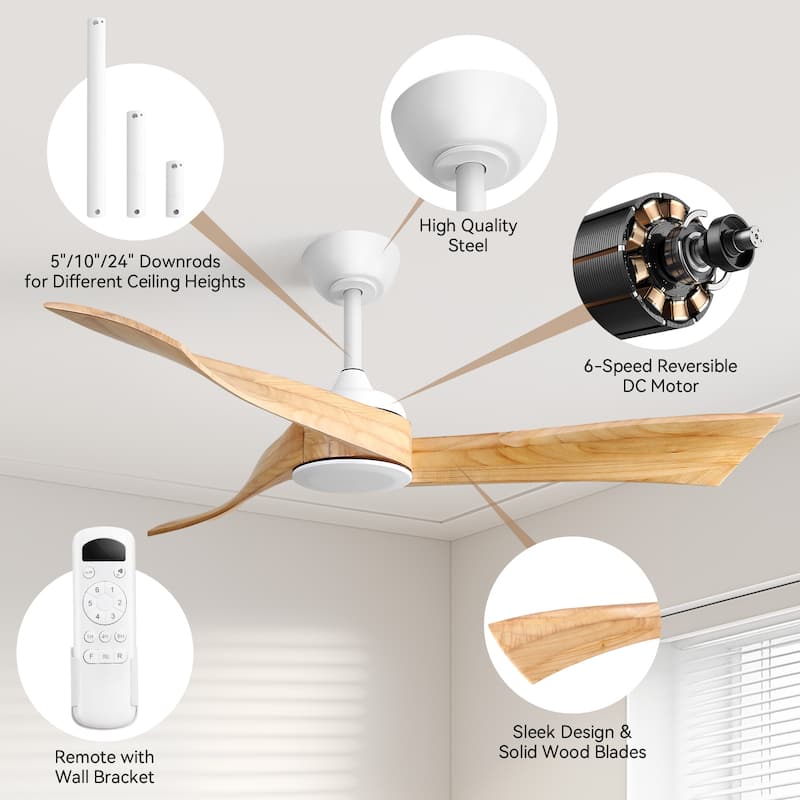 52" Wood Noiseless 3-Blade Ceiling Fans with Dimmable LED Light Optional and Remote, 6-Speed Reversible DC Motor