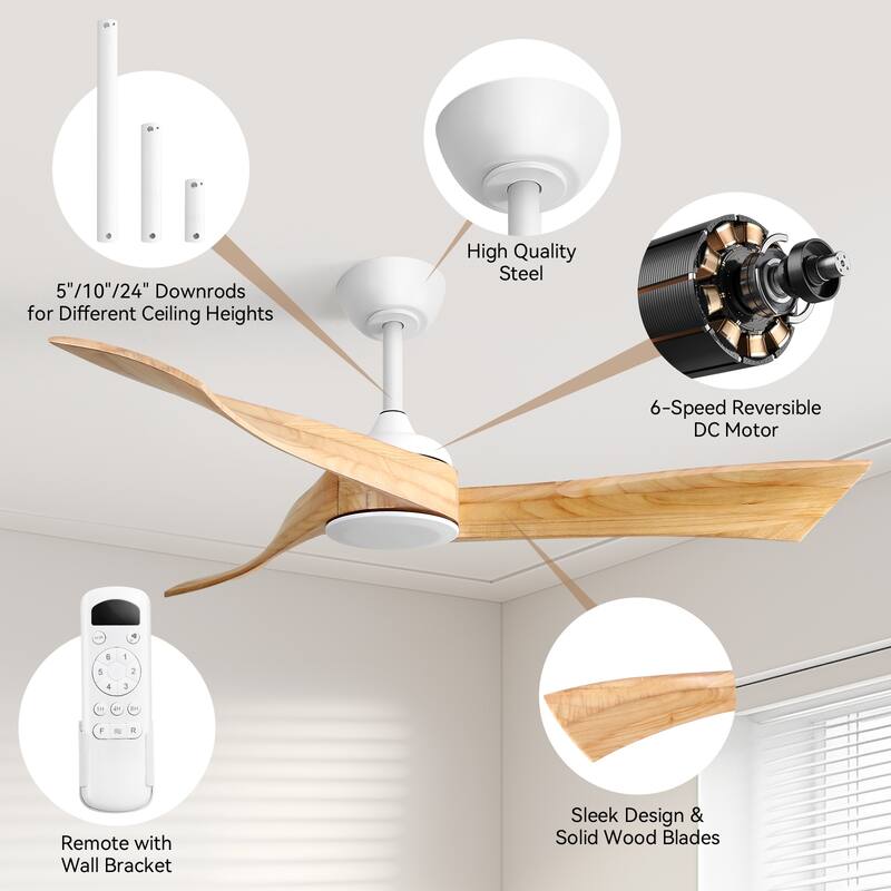 52''/60" Large Ceiling Fan without Lights, Remote Control and Reversible Motor Included, 3 Wood Blades
