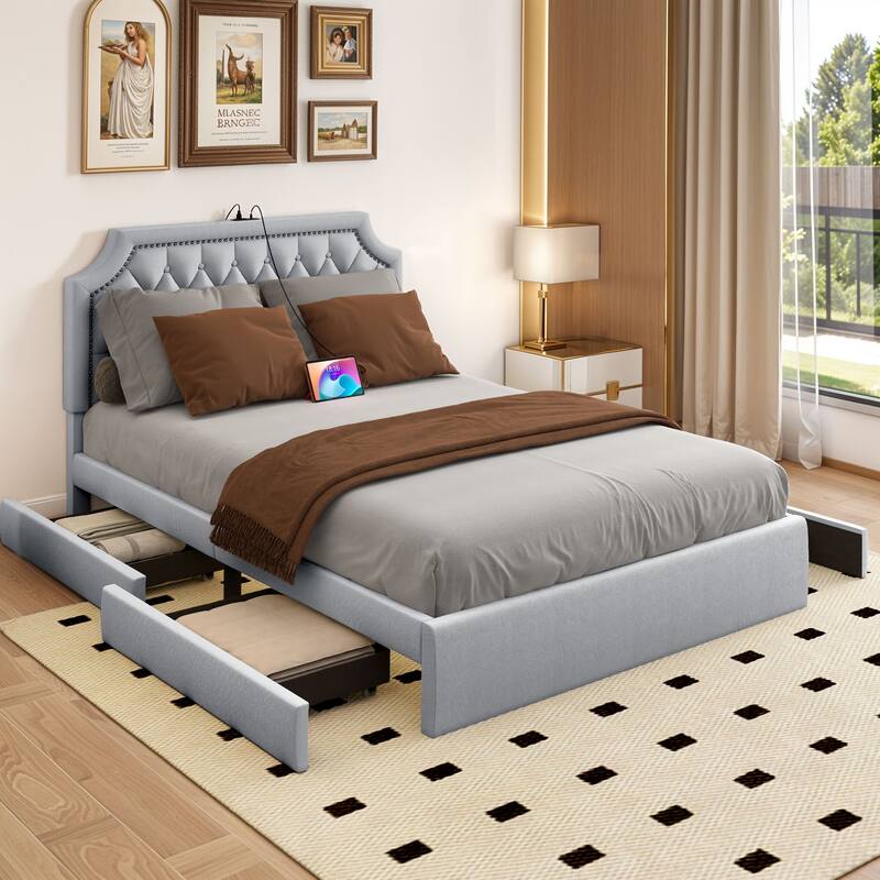 Moasis Velvet/Linen Upholstered Bedframe with Adjustable Headboard and 4 Storage Drawers