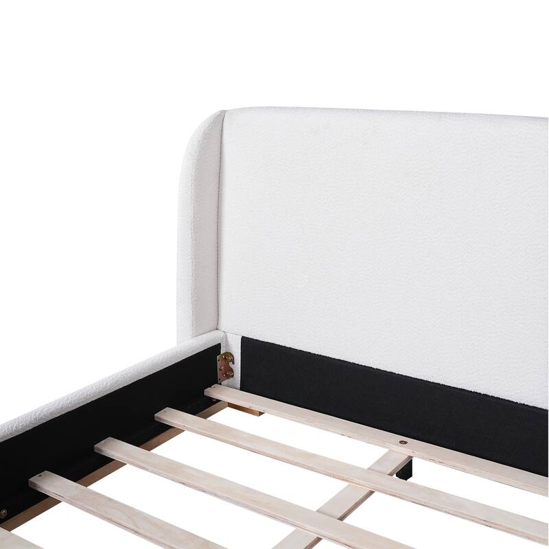 King Size Bed Frame with Upholstered Wingback Headboard, Solid Wood Base, White