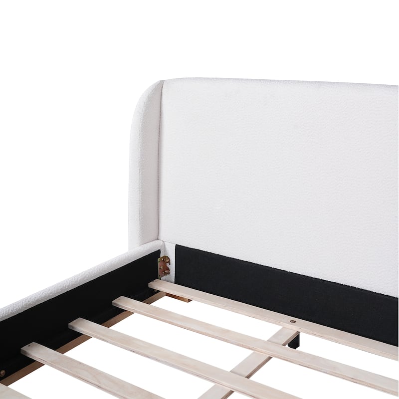 White Low Profile Platform Bed Ground Bed Boucle Frame with Upholstered Wingback Headboard