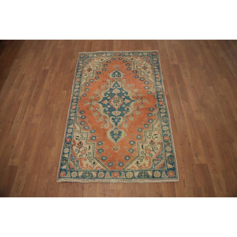 Hand Knotted Oriental 100% Wool Carpet Traditional Medallion Oranges & Rust Tabriz Area Rug - 4' 3'' X 2' 8''
