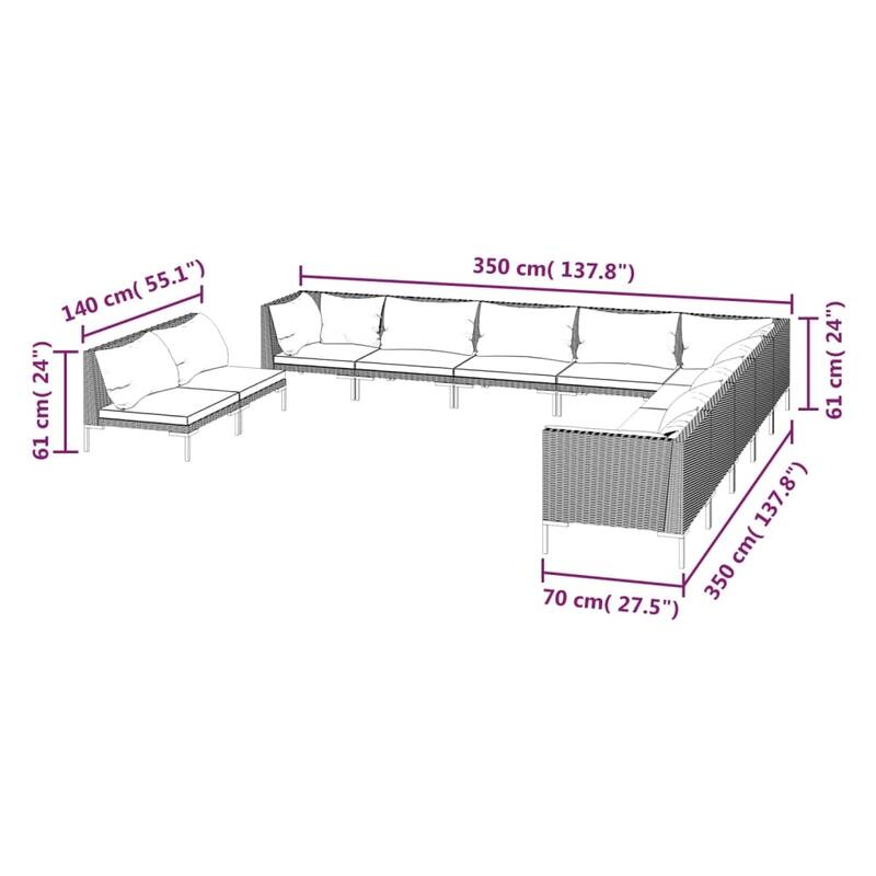 vidaXL Patio Lounge Set Outdoor Sectional Corner Sofa Poly Rattan Dark Grey - 27.6" x 27.6" x 24"