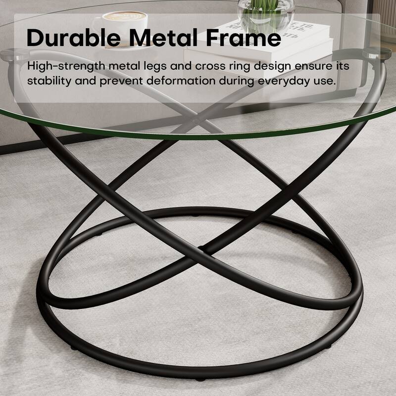 Tempered Glass Top Round Coffee Table with Metal Base